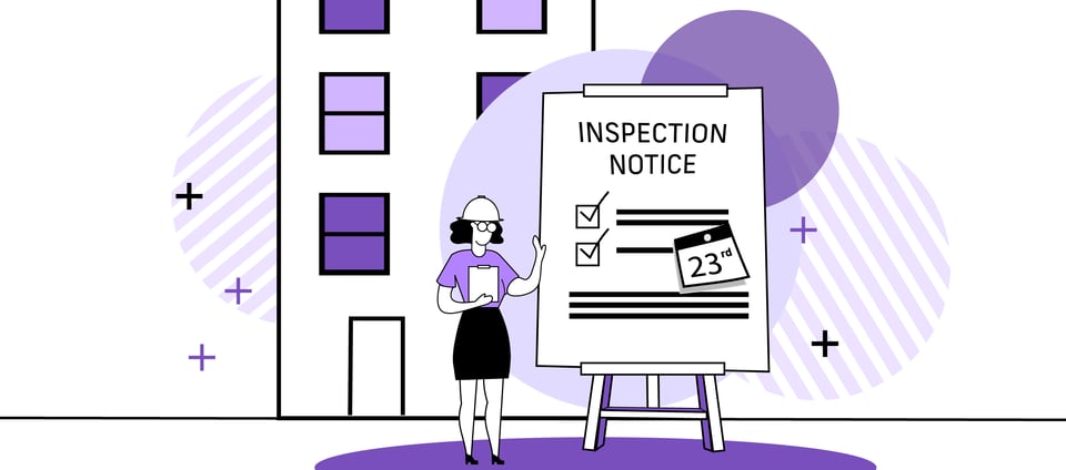 An illustration of a property manager next to a canvas stand showing a giant inspection notice.