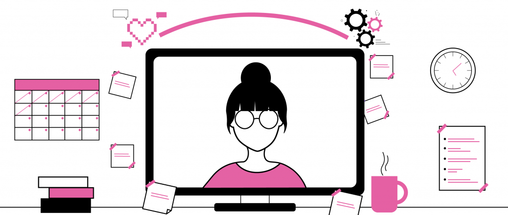 An illustration of a digital human shown on a computer monitor sitting on a desk.