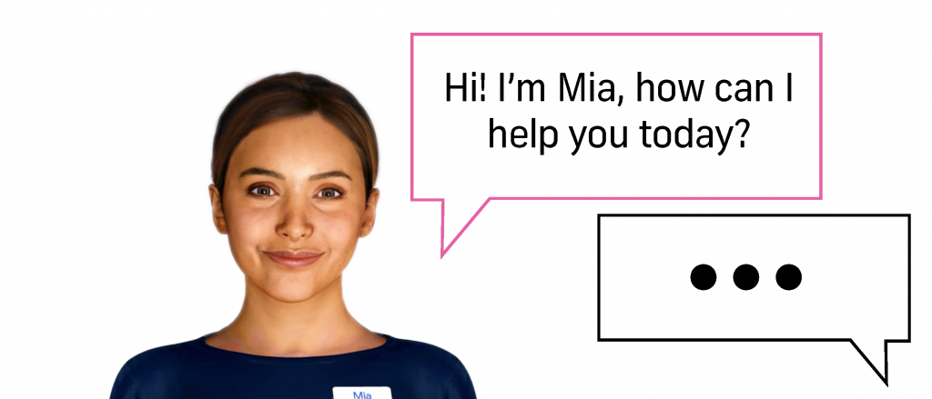 A virtual leasing agent saying, "Hi! I'm Mia, how can I help you today?"