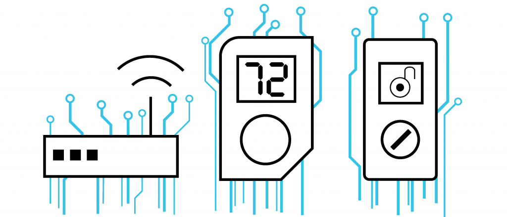 An illustration of smart devices, like those used in Quext's IoT solution.