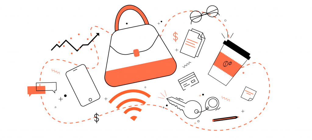 An illustration of a purse and icons of the contents normally found in a purse, accompanied by a WiFi symbol.