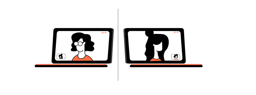 An illustration of two women video chatting on two different laptops.