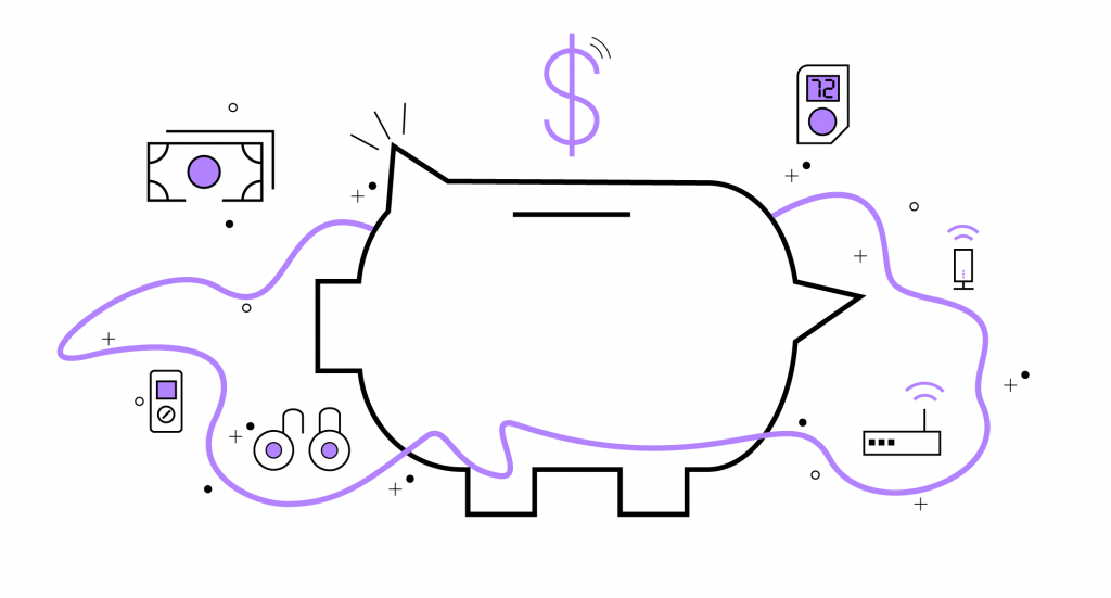 A piggy bank surrounded by smart apartment technology icons.