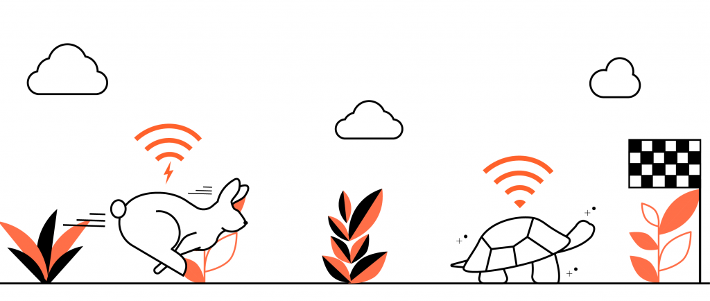 An illustration of the tortoise and the hare racing being depicted as different WiFi speeds.