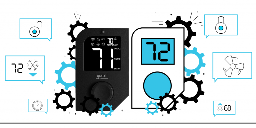 A depiction of a Quext IoT thermostat and an illustration of a Quext IoT thermostat.