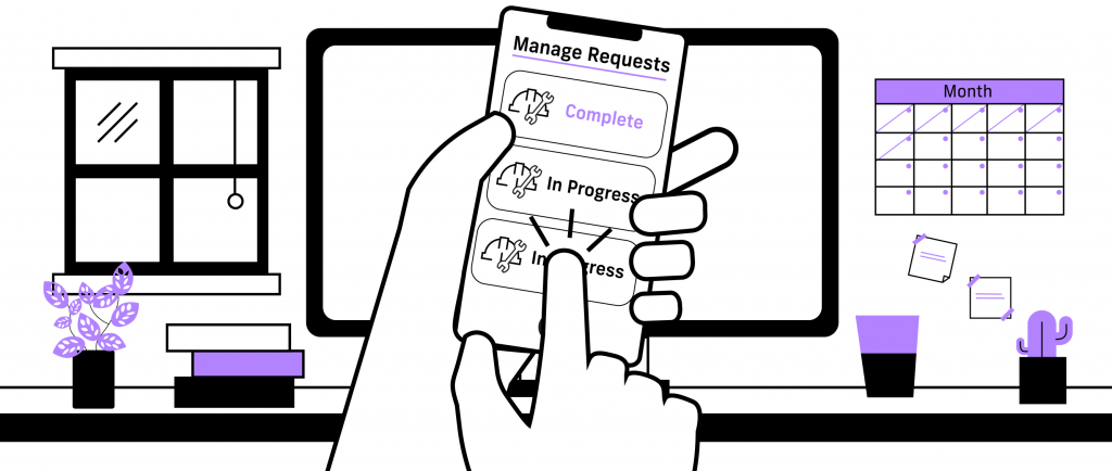 An illustration of a hand using a smart phone to manage maintenance requests.