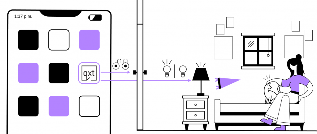 An illustration showing that the Quext IoT app can be used to switch a lamp on or off.