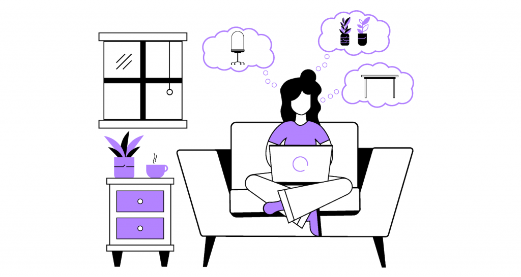 An illustration of a resident on a laptop searching different amenities on an apartment website.