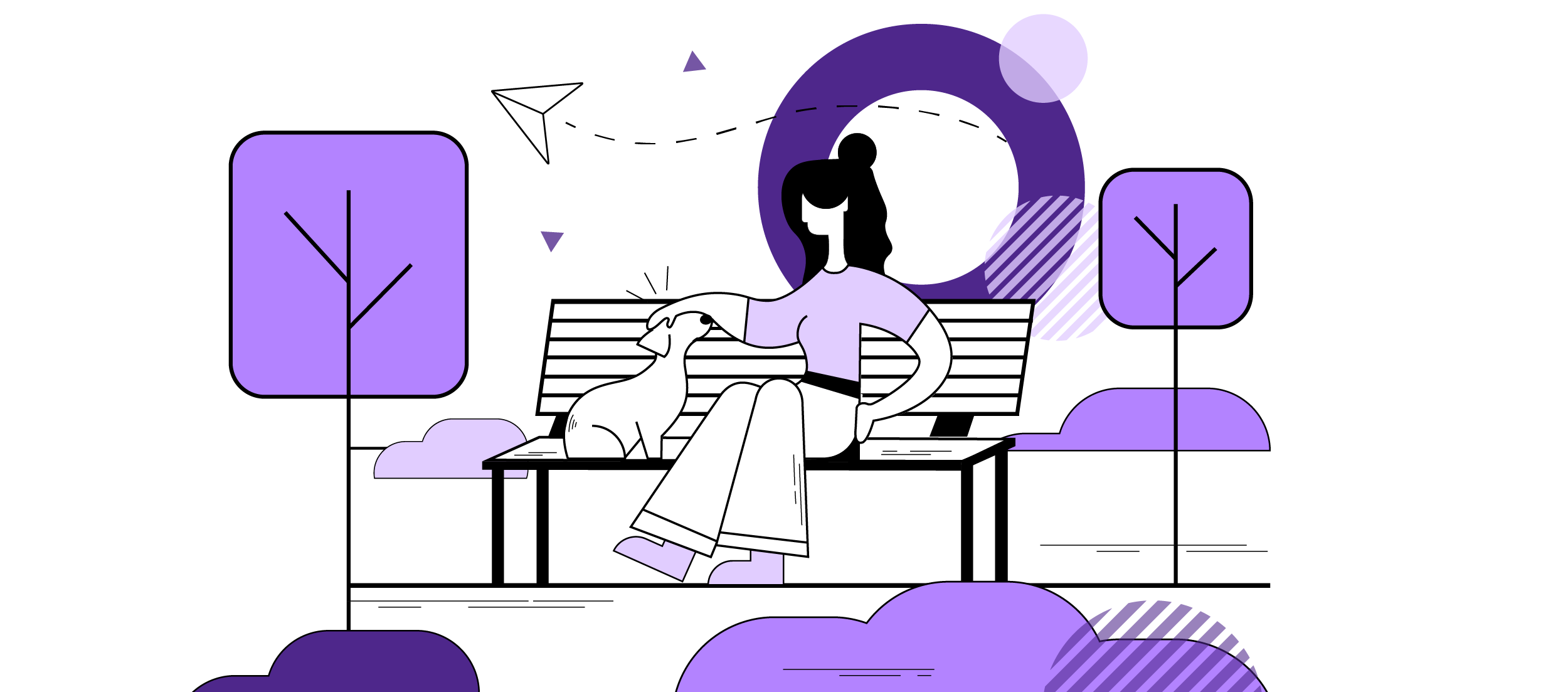 An illustration of a resident and her dog on a bench in a property's outdoor common area.