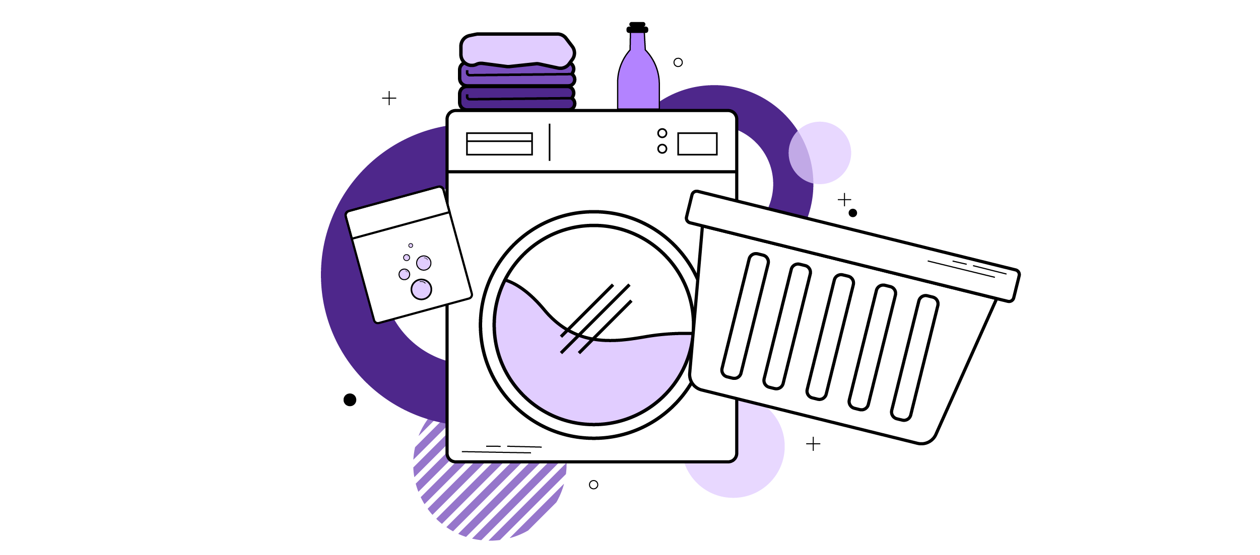 An illustration of a washing machine, surrounded by other laundry materials.