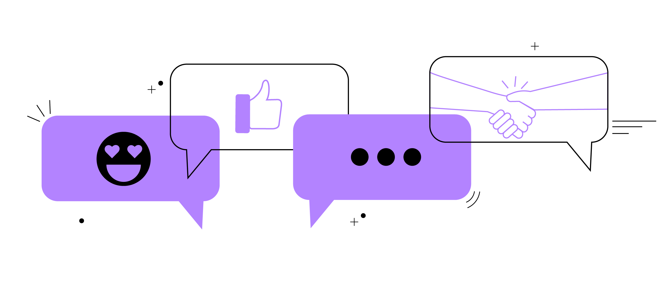Four text bubbles with different social icons in each one: A smiley face with heart eyes, a thumbs up, shaking hands, and a message loading icon.