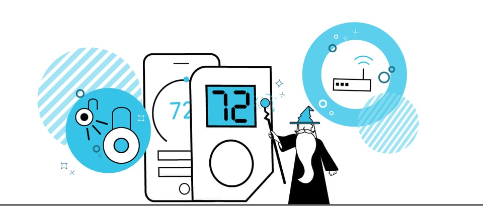 An illustration of Quext IoT hardware and software next to a wizard figure.