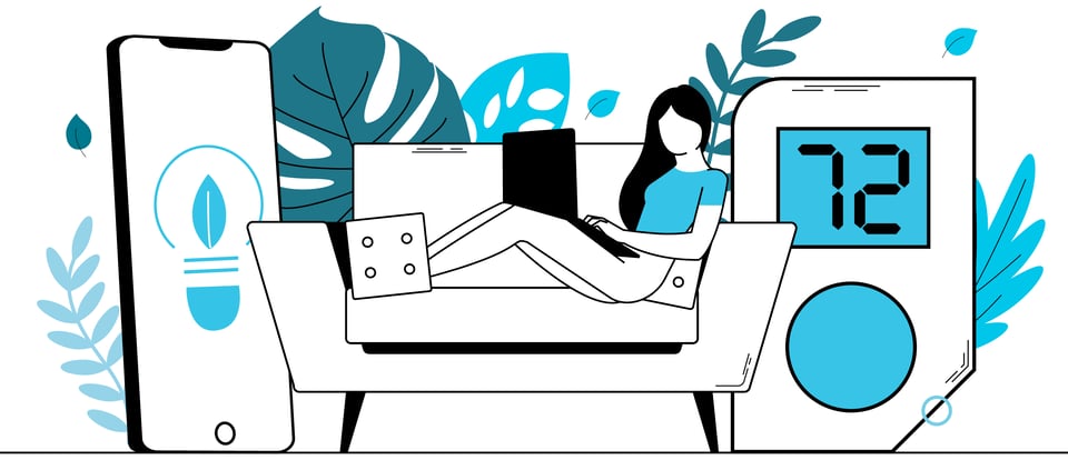 An illustration of a resident using her laptop on a couch accompanied by a giant Quext IoT thermostat.