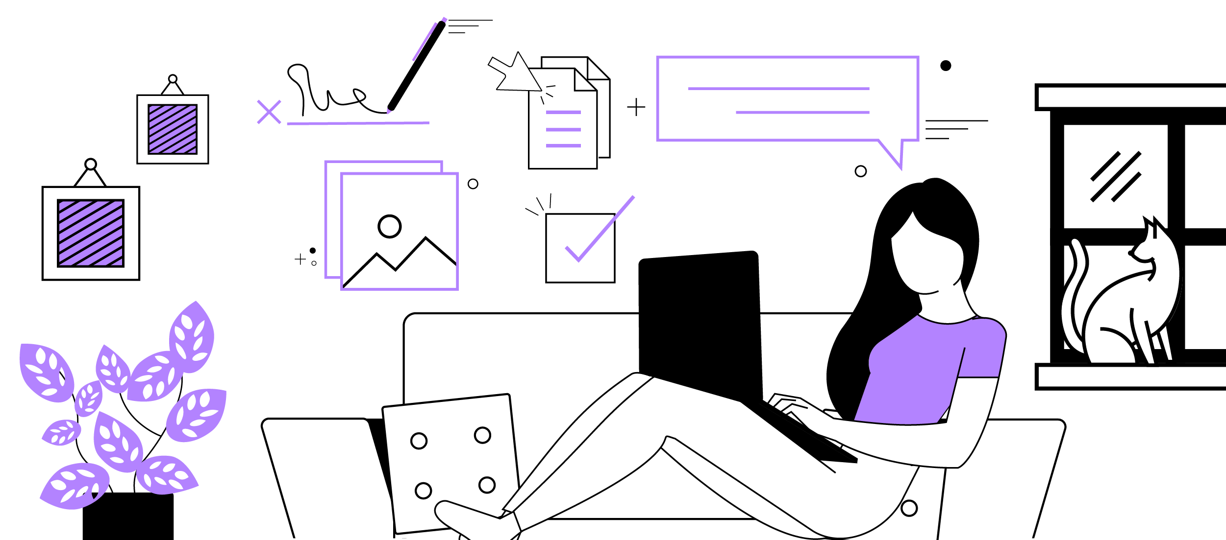 An illustration of a woman on the couch in her apartment using her laptop.