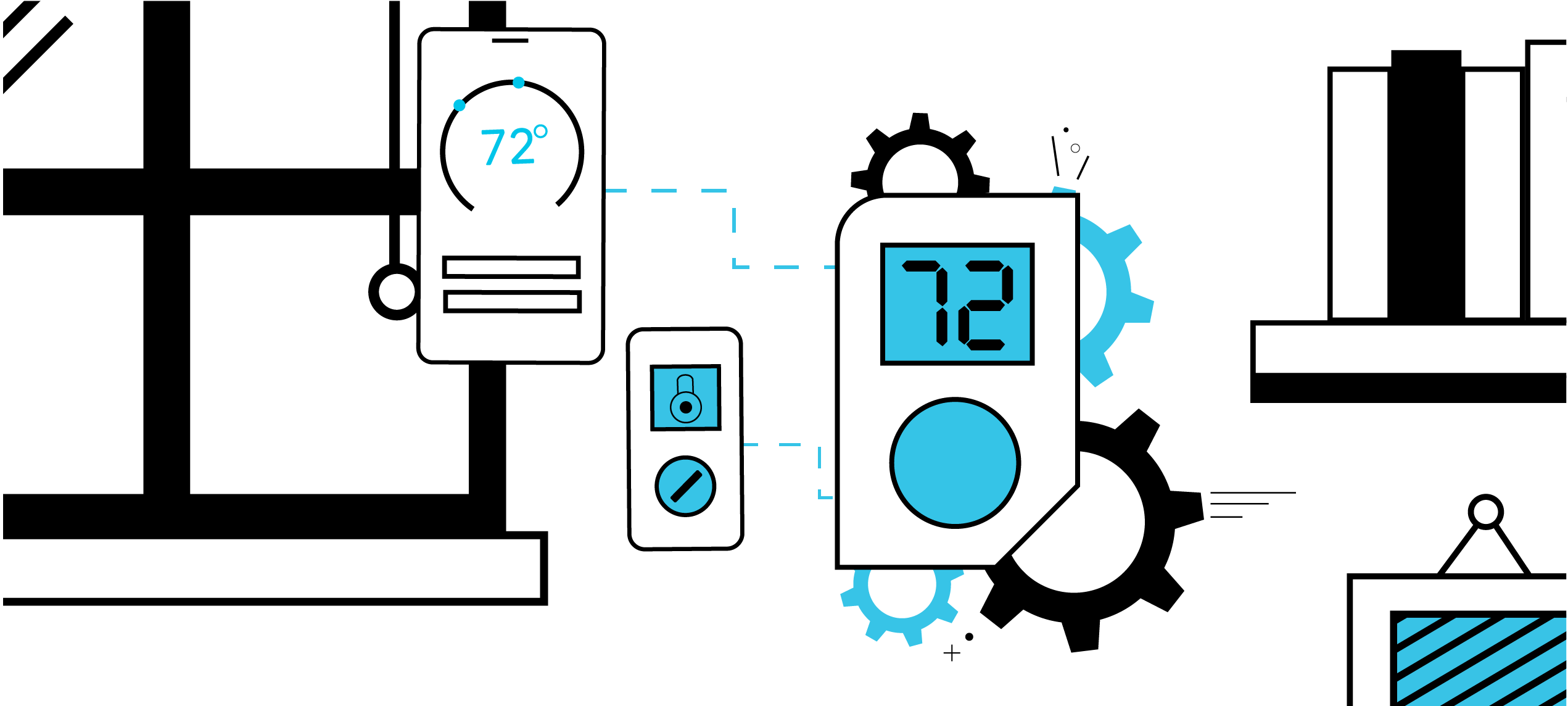 An illustration showing the connection between a smart thermostat, smart phone, and a smart lock.