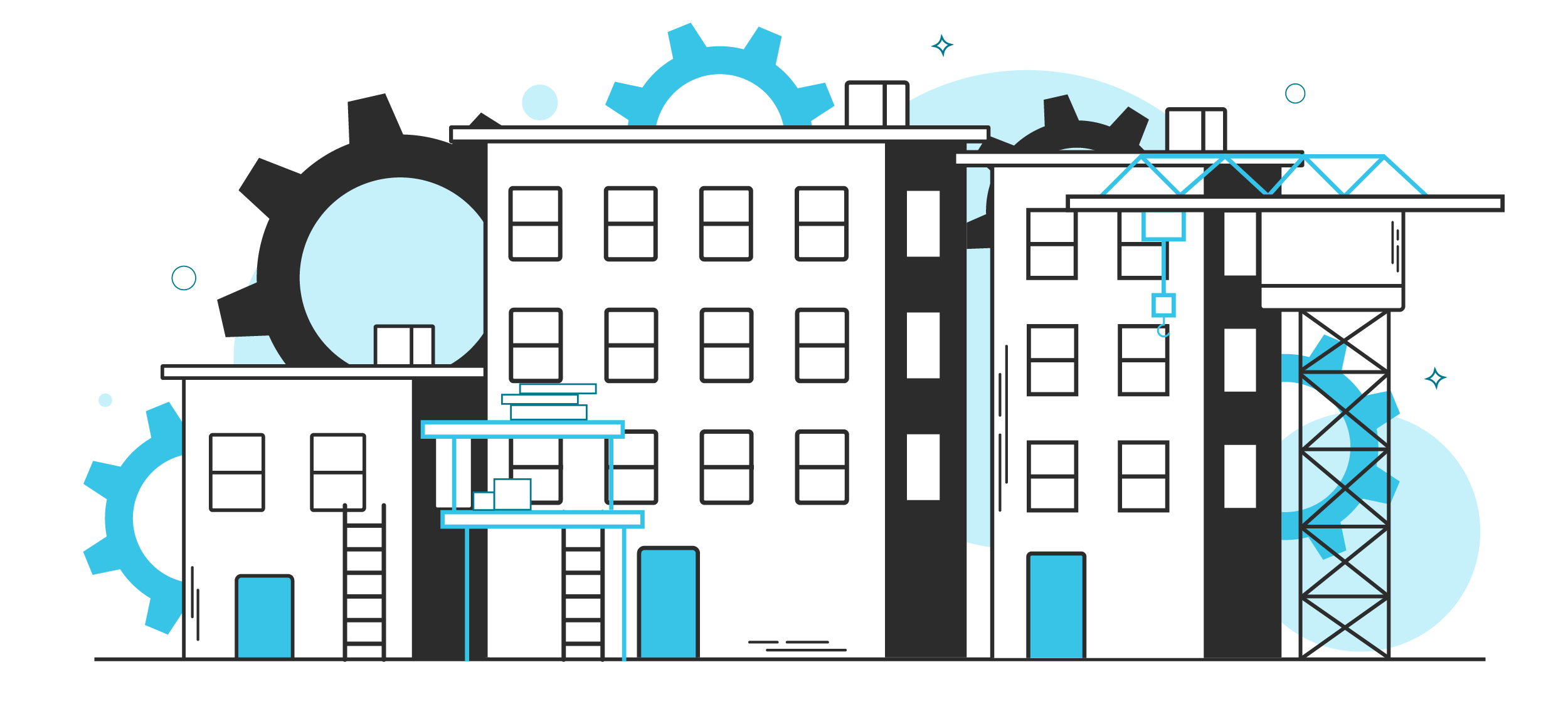 An illustration of an apartment building being remodeled as part of a retrofit.