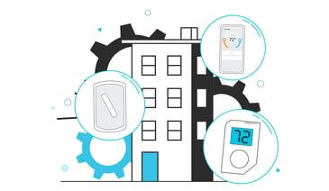 A multifamily property building with IoT hardware icons.
