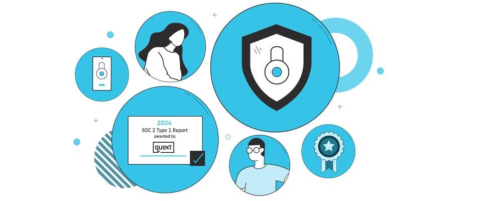Icons of security measures for smart home systems. An illustration of Quext's SOC 2 Type 1 certification.