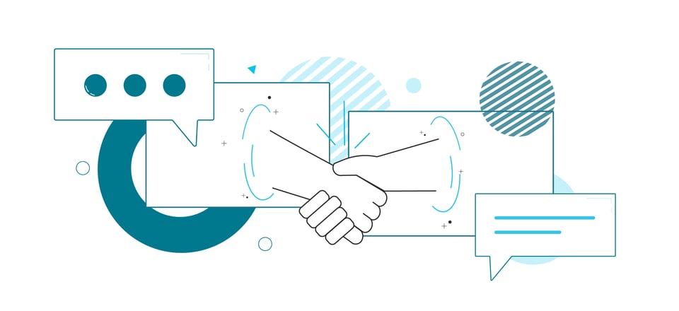 A handshake between business partners through smart technology.