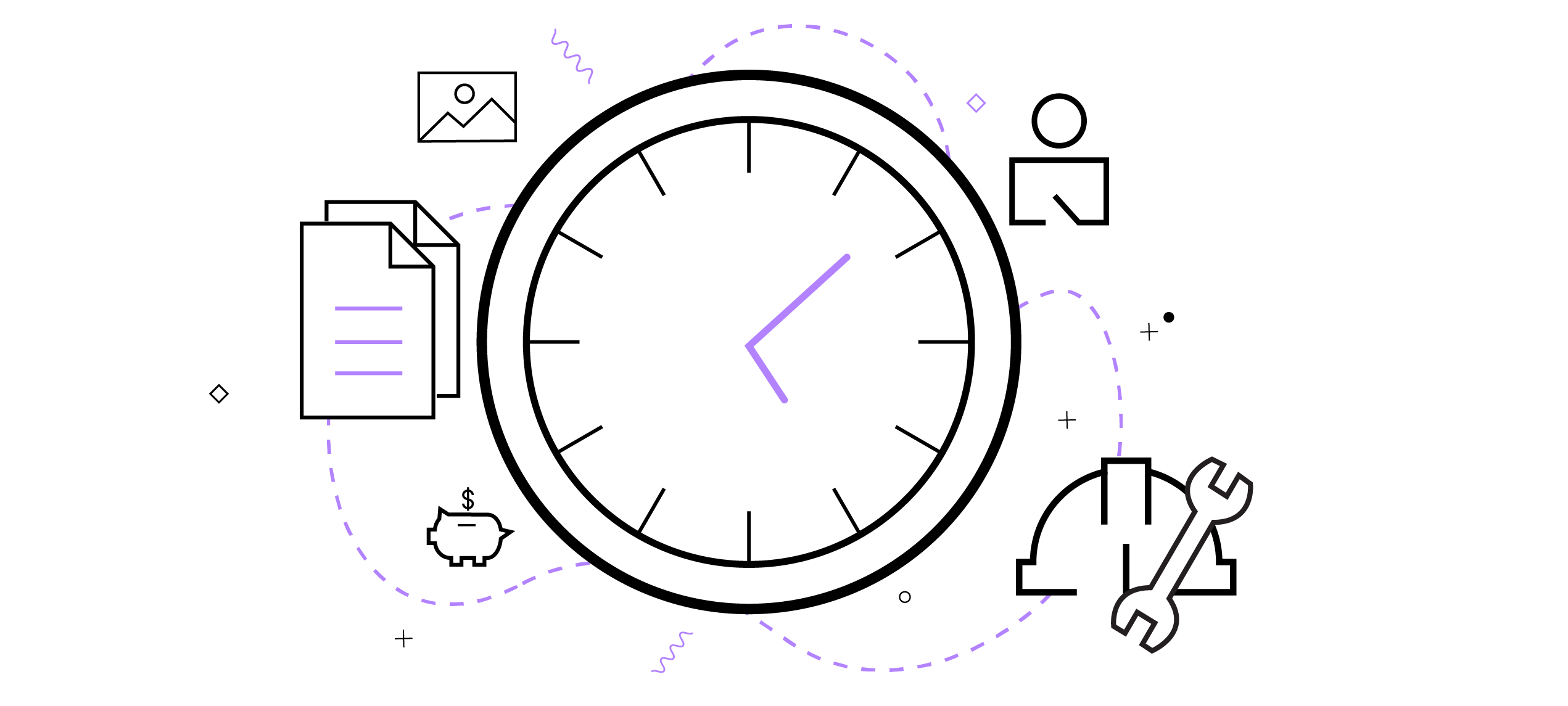 An illustration of a clock with different property management icons surrounding it.