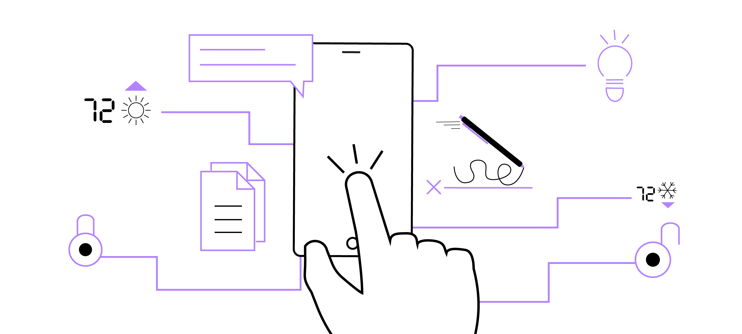 An illustration of a hand using a smart phone connecting icons of smart home devices.