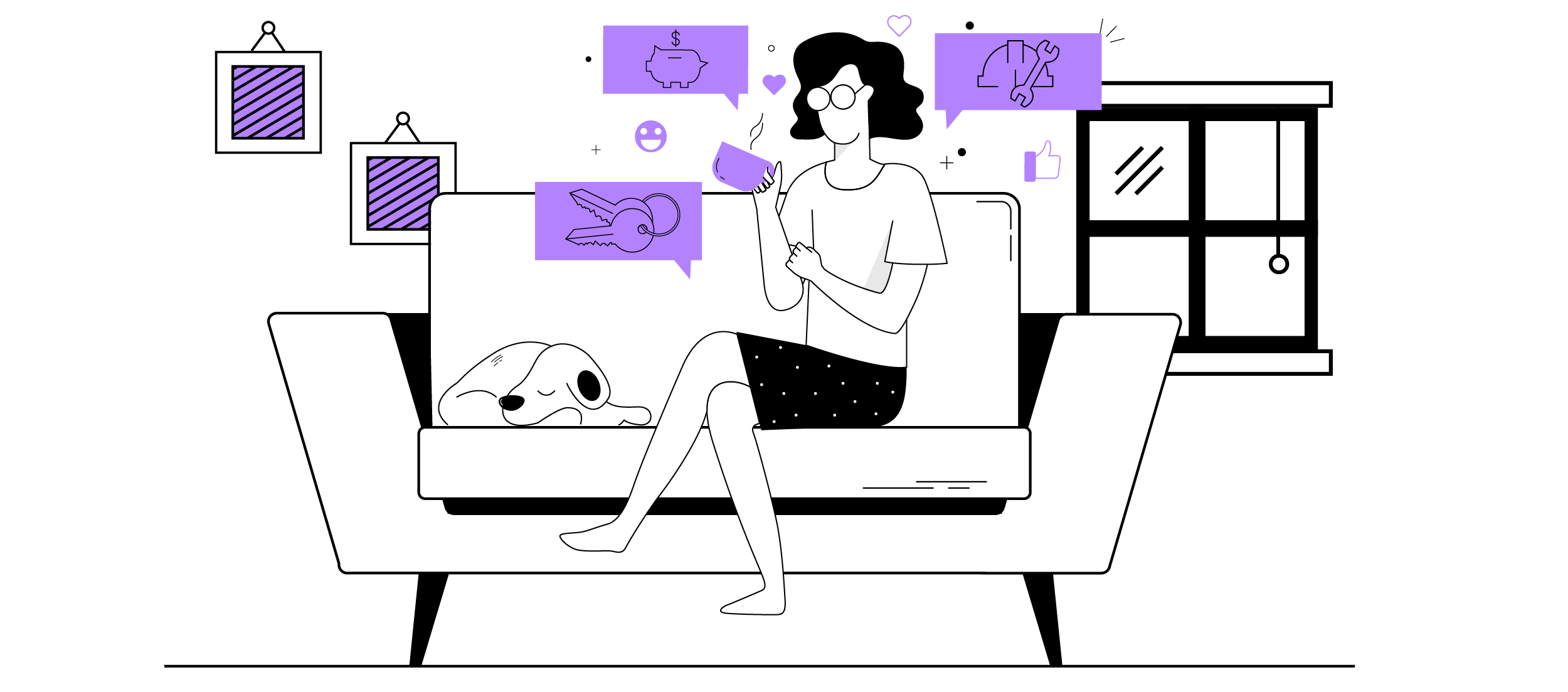 An illustration of a resident sitting on her couch in her apartment.