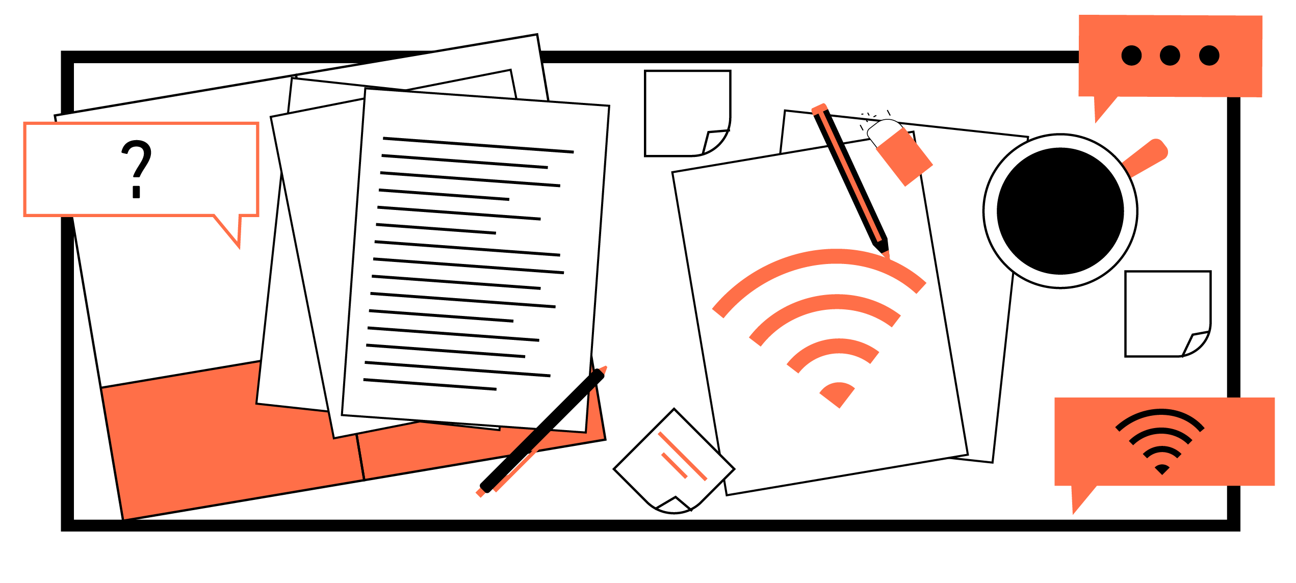 Illustration of a desk with multiple documents and notes on it.