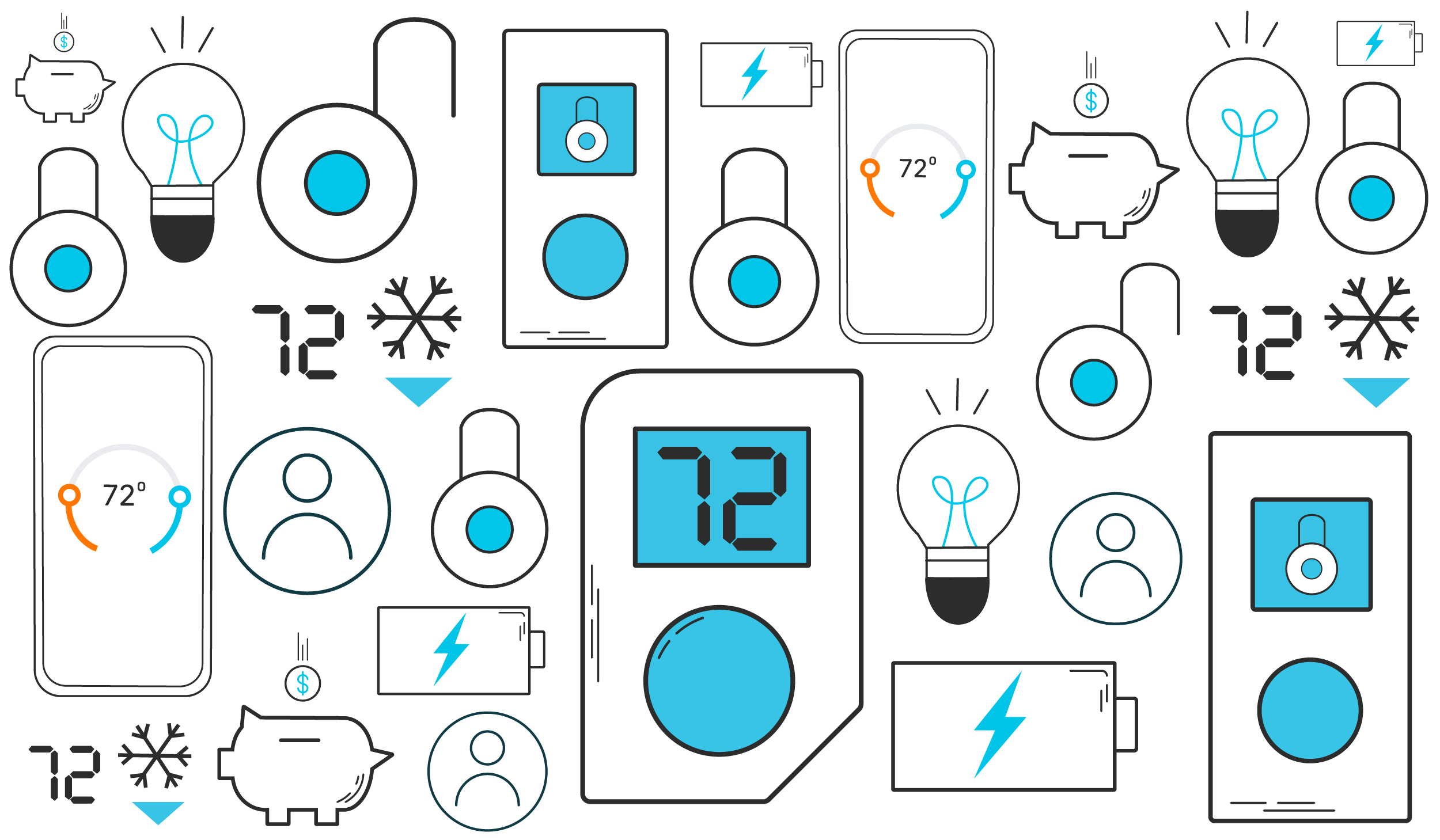 A collage of smart devices and icons used in an IoT system.