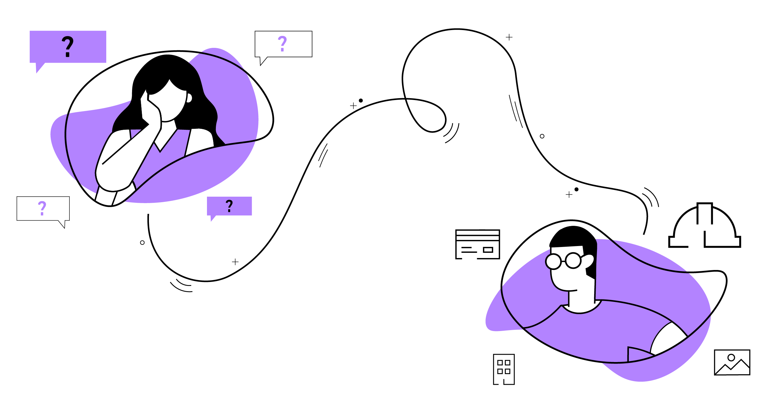 Illustration of two residents connected by a line. One is surrounded by question marks and the other by apartment icons